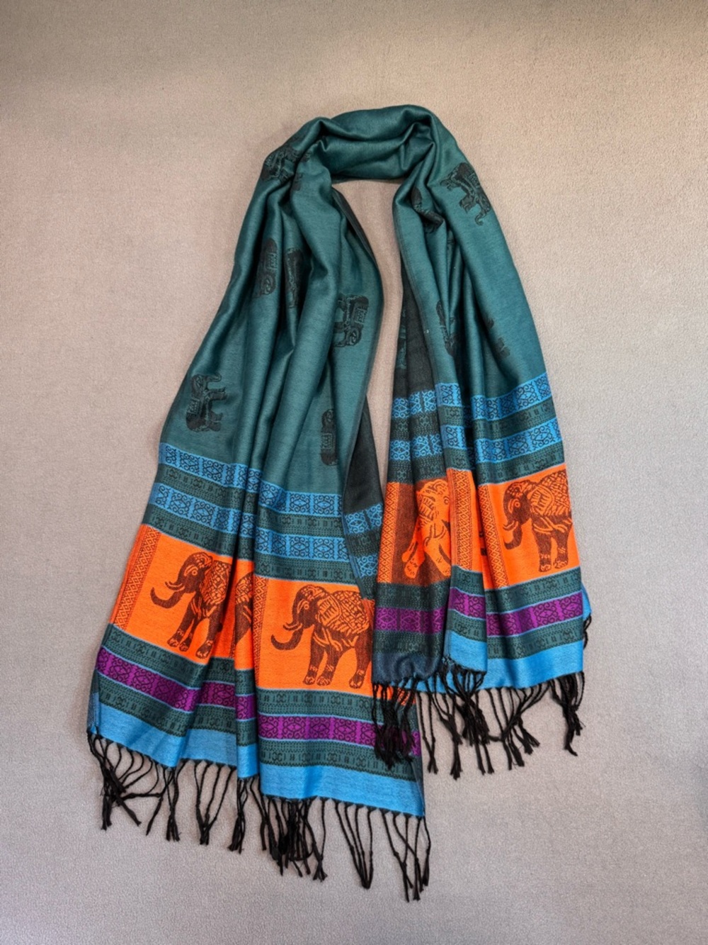 Pashmina 100% pashmina Boho Orange, Teal, Purple & Blue Elephant-Print Scarf